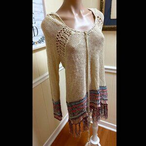 THEREAL Bohemian Fringed Hooded Sweater Crochet Tan sz S BOHO